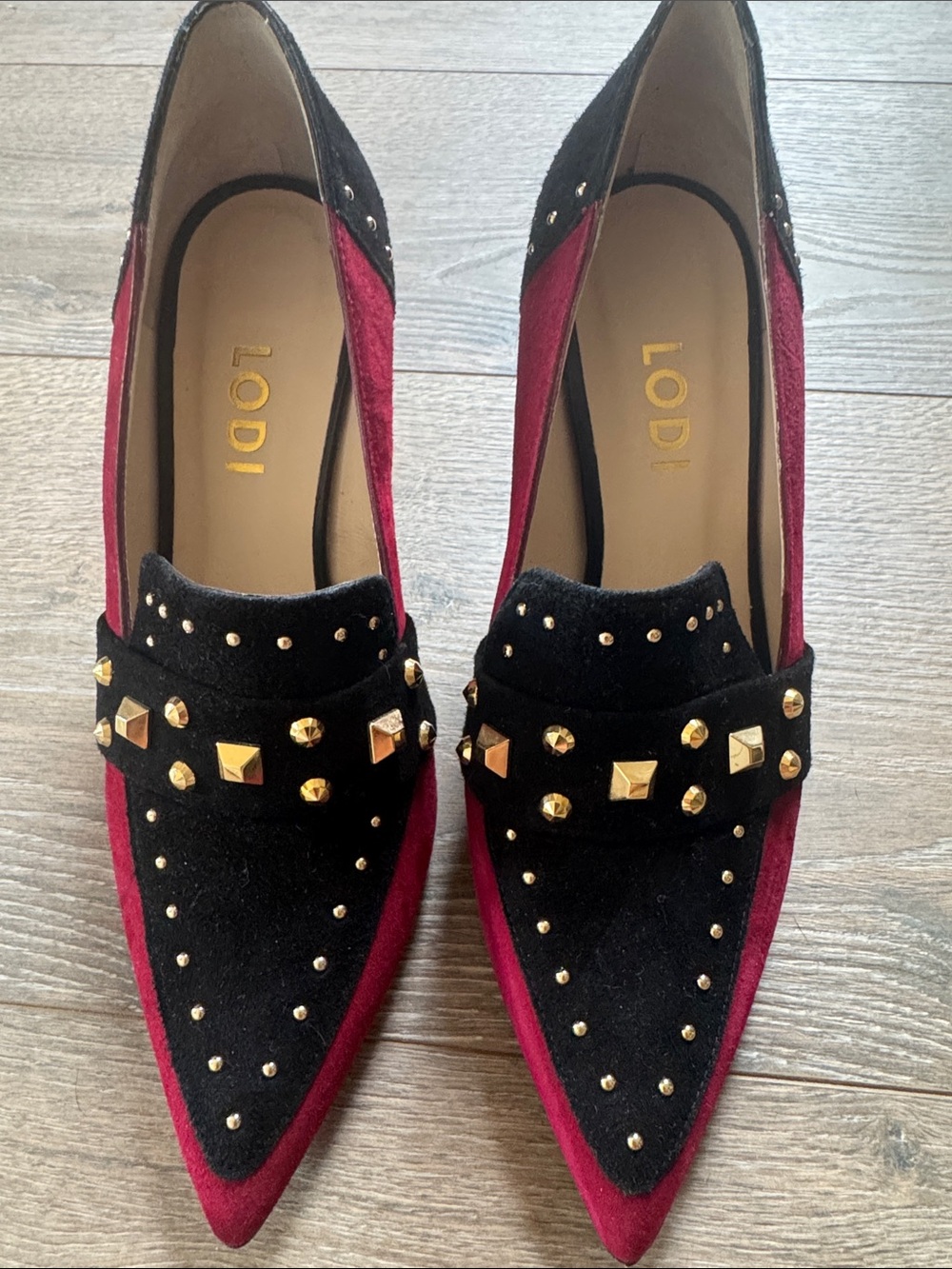 Lodis Black and Burgundy Studded Pointed Loafers